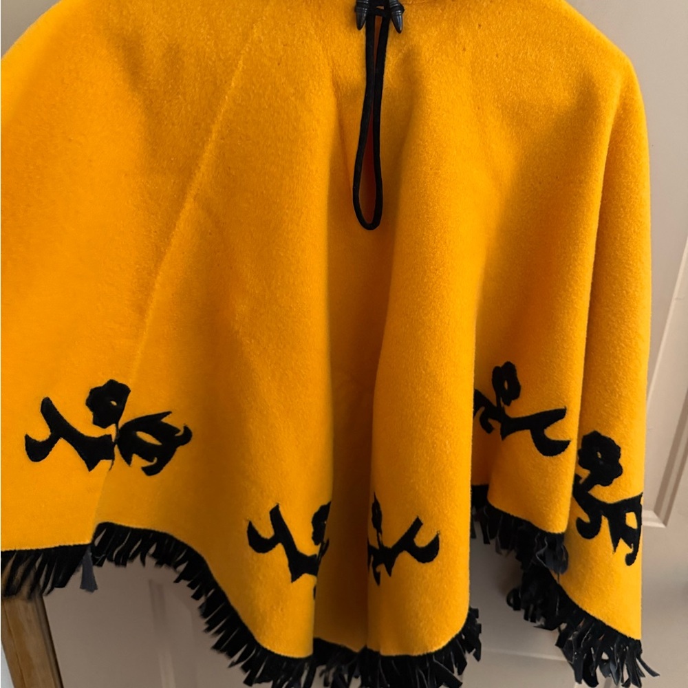 Vintage Yellow Cape with Black Fringe and Design